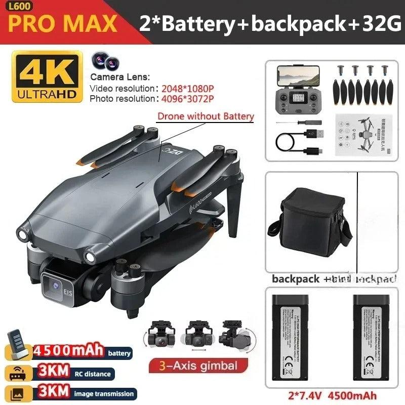 L600 PRO MAX Drone 4K Three-Axis PTZ HD Dual Camera Laser Obstacle Avoidance Brushless Motor GPS 5G WIFI RC FPV Quadcopter Toys