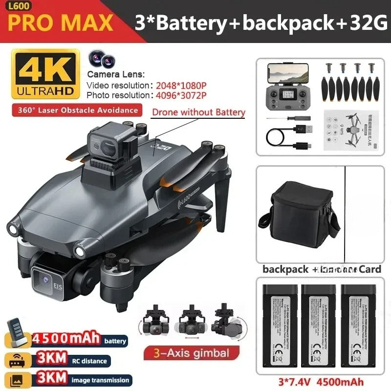 L600 PRO MAX Drone 4K Three-Axis PTZ HD Dual Camera Laser Obstacle Avoidance Brushless Motor GPS 5G WIFI RC FPV Quadcopter Toys