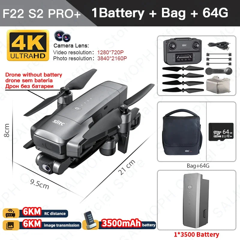 YUNX玩具SJRC F22 S2 PRO+无人机，配备2轴云台4K摄像头、GPS导航、障碍物感应和长续航40分钟