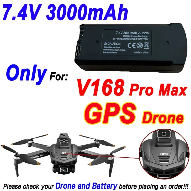 V168 Original Battery 7.4V 3000mAh for V168Pro Max Drone 3.7V 2000mAh Battery for V168Pro RC Quadcopter Essential Accessory