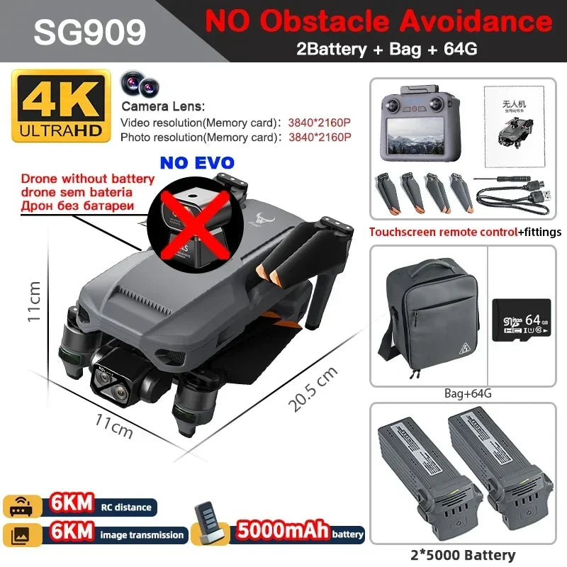 云讯玩具ZLL SG909专业无人机，配备4K摄像头、3轴云台、5G连接、360度避障和触摸屏显示屏