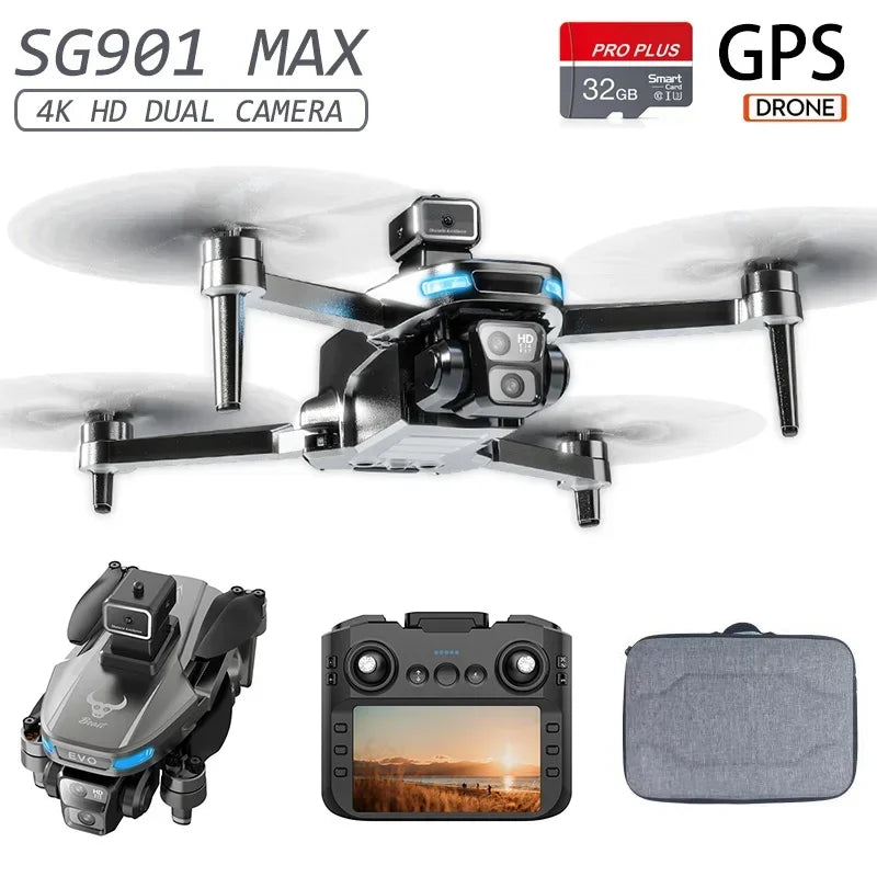 Upgraded SG901 MAX GPS Drone Dual HD Camera Brushless 360° Obstacle Avoidance with 4.5" Screen RC