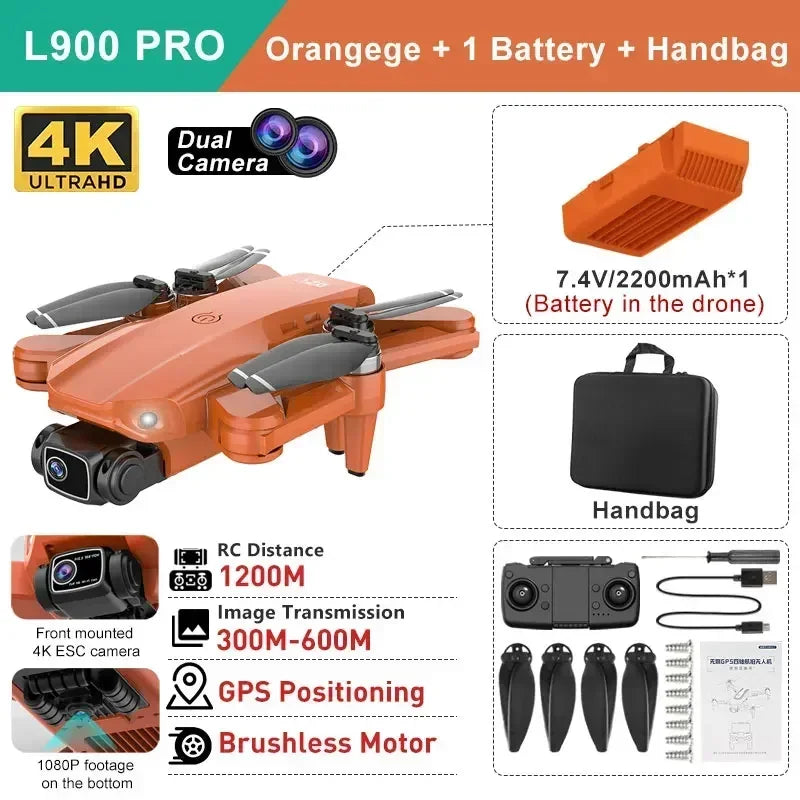 YUNX toys LYZRC L900 Pro GPS无人机，配备4K高清双摄像头，5G无线折叠四旋翼无人机航拍飞机