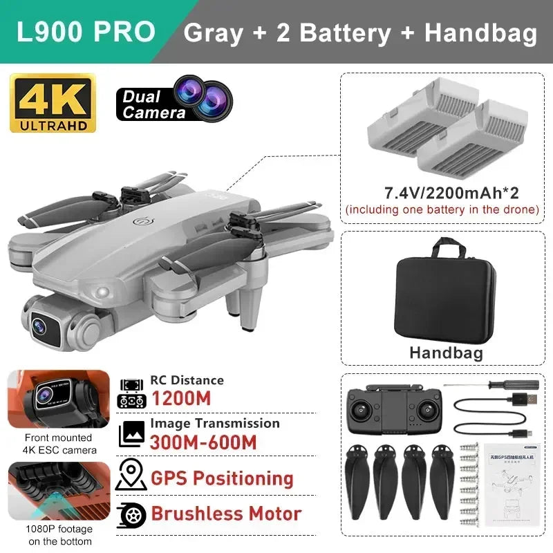 YUNX Toys LYZRC L900 Pro GPS无人机，4K高清双摄像头，5G WiFi折叠四旋翼遥控飞机飞行摄影摄像