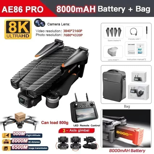 云讯玩具AE86 PRO Max+ 8K专业高清摄像机无人机，配备三轴云台和GPS全障碍避让功能的FPV无人机。