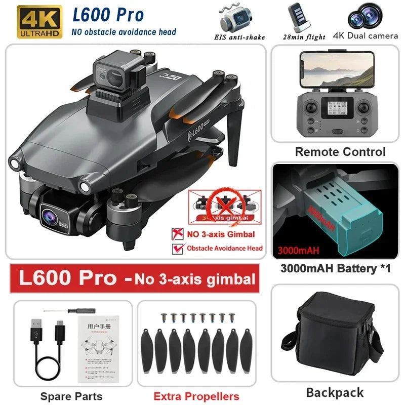 云芯科技L600 PRO MAX/PRO GPS无人机，配备4K高清双摄像头和3轴云台，具备360度避障功能。