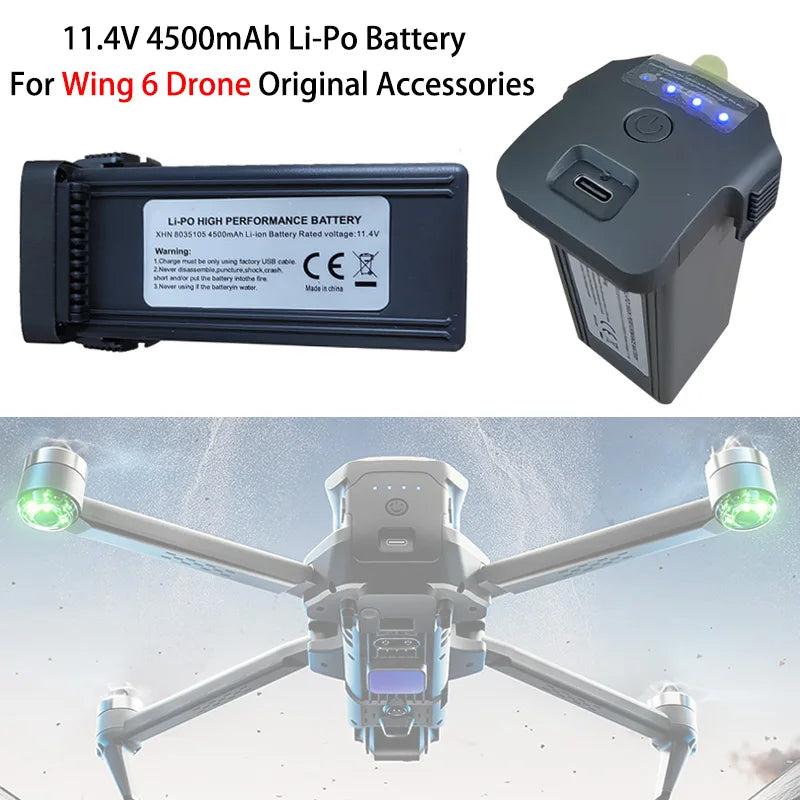 11.4V 4500mAh Intelligent Lipo Battery For Wing 6 GPS Drone Original Accessories Flight time 45Mins RC Quadcopter Spare Parts