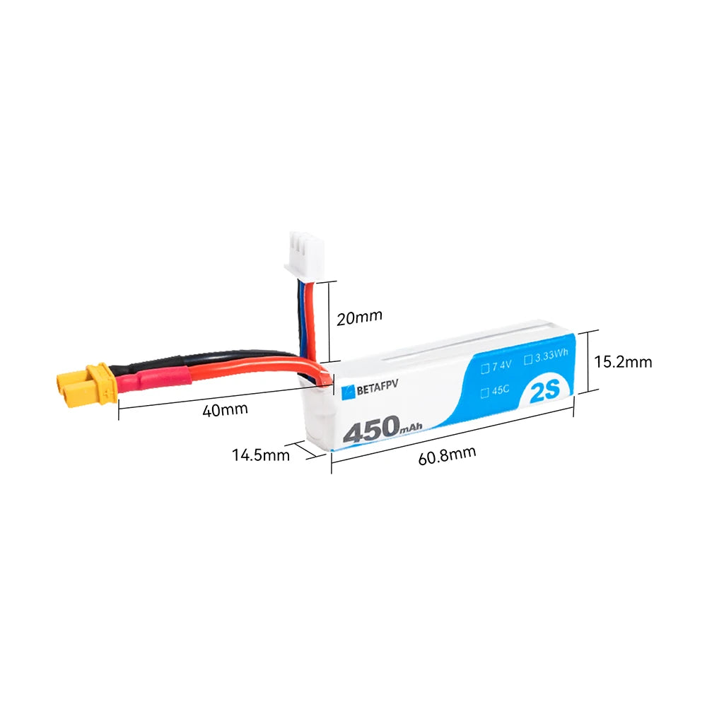 Betafpv 450mAh 2S 45C Lipo Battery for Meteor85 / Meteor85 HD / Beta75X / Mobula 7 and other 2S brushless Whoop drones