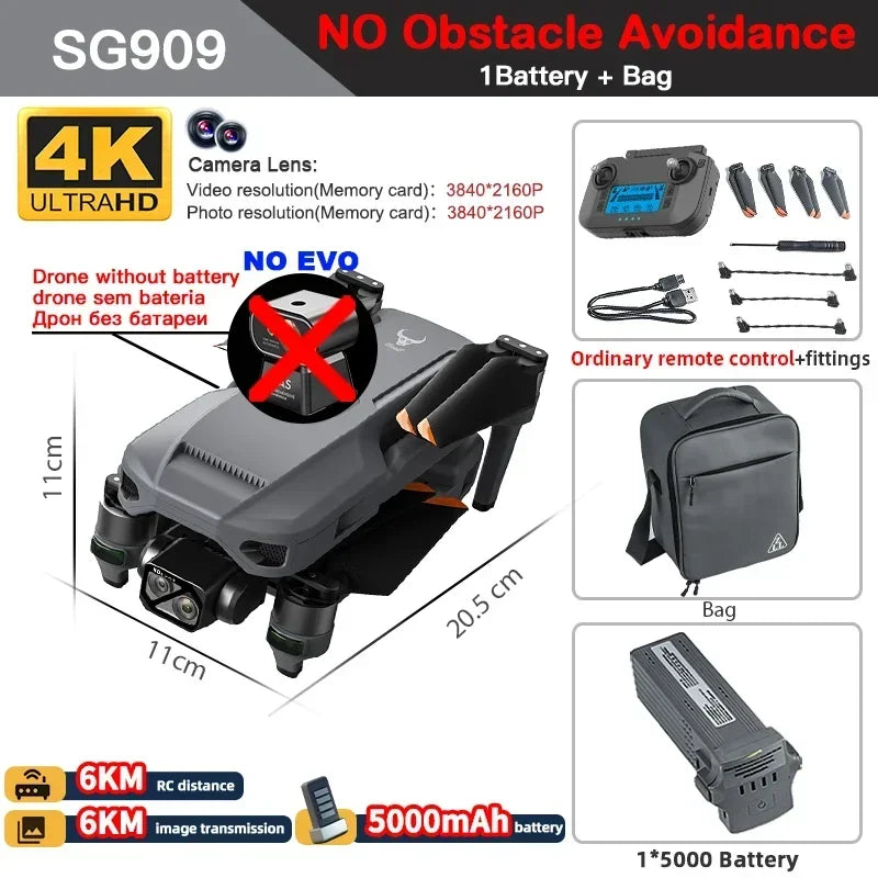 云迅玩具ZLL SG909专业无人机，配备4K摄像头、3轴云台、5G信号、360避障和触摸屏遥控。