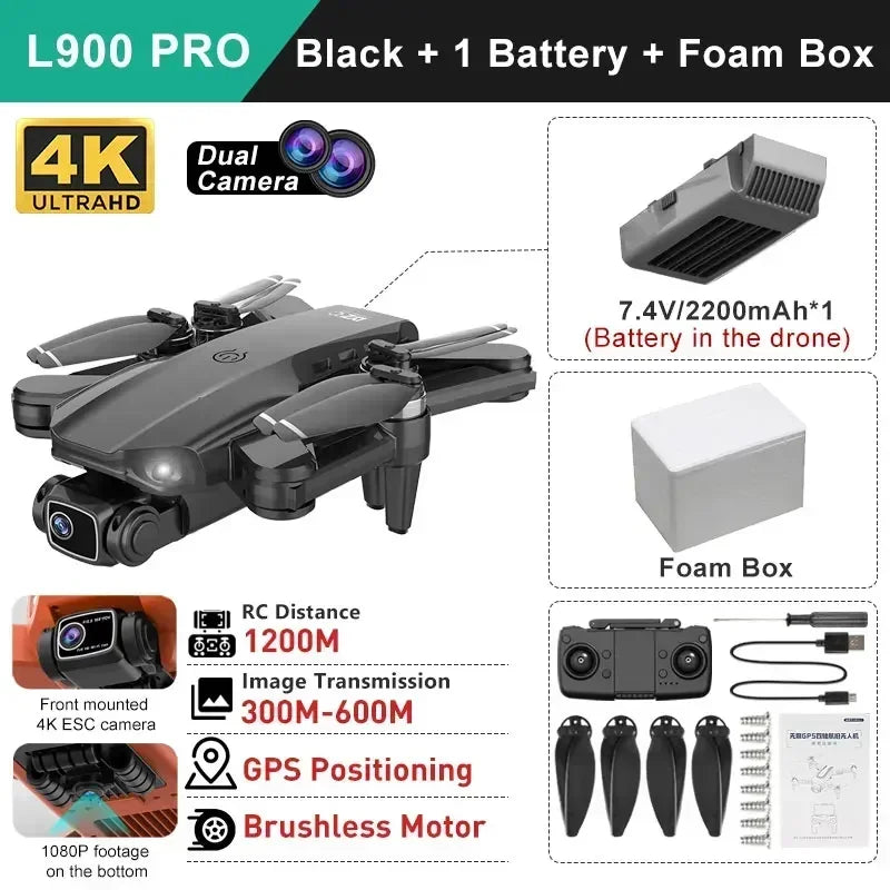 云讯玩具L900 Pro GPS无人机，配备4K高清双摄像头和5G WiFi，折叠式四旋翼遥控飞行器