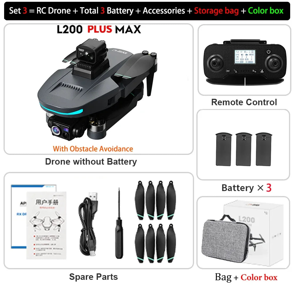 YUNX toys L200 plus MAX GPS无人机，配备4K高清相机、3轴云台和360度避障，轻巧便携的RC四旋翼无人机