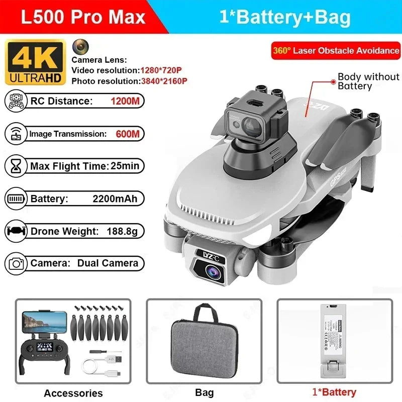 L500 PRO MAX GPS Drone 4K Professional HD Dual Camera 5G WIFI 360°Obstacle Avoidance Brushless Motor RC Quadcopter FPV Drones