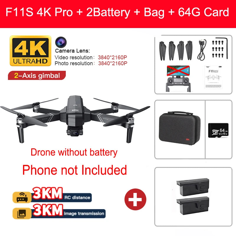 YUNX toys SJRC F11 Pro 4K摄像无人机，GPS和5G FPV，配备2轴稳定云台和专业无刷四旋翼飞行器