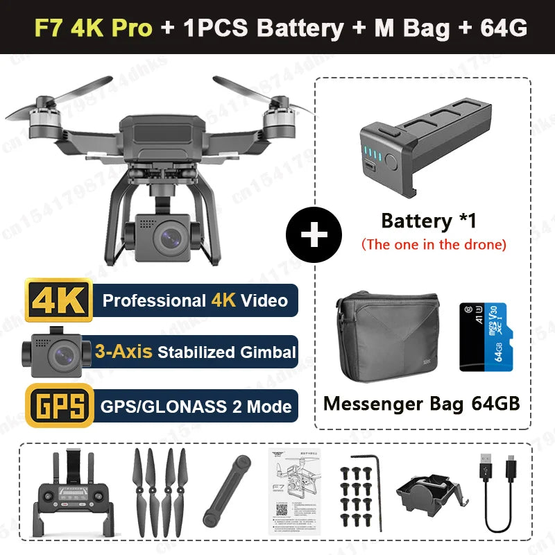 云星玩具SJRC F7 4K PRO摄像无人机，配备GPS、5G WiFi、3轴云台和折叠设计的专业四旋翼无人机。