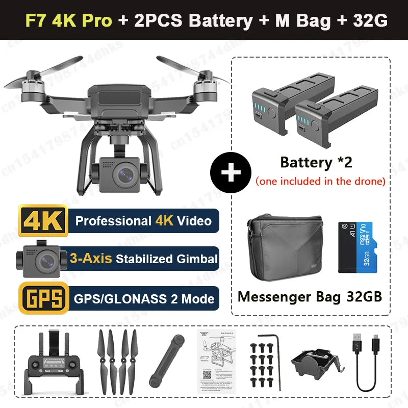 YUNX玩具SJRC F7 4K PRO无人机，配备高清摄像头、GPS、5G WiFi、3轴云台和折叠设计的专业四旋翼无人机