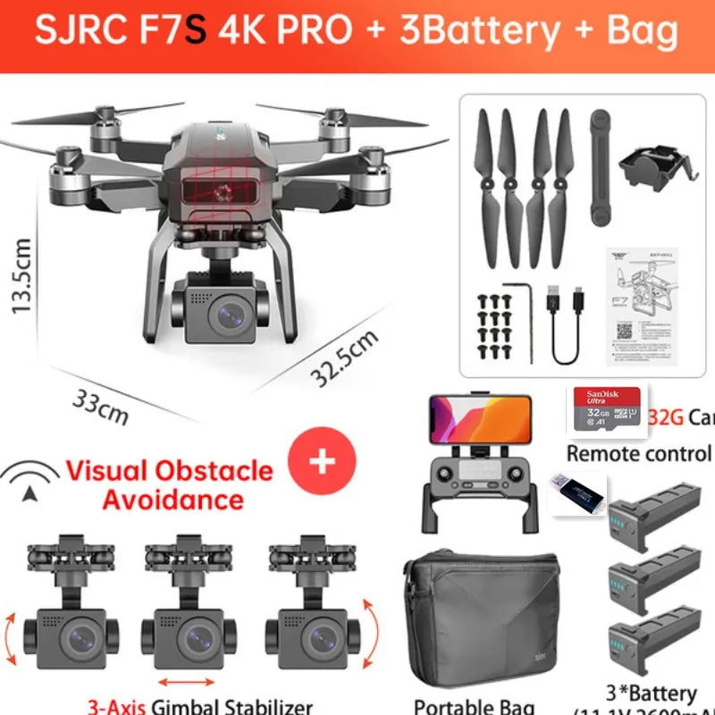 SJRC F7s 4K PRO Drone 4K obscatle avoidance GPS 5G WiFi 3-Axis Gimbal EIS FPV Brushless Quadcopter 3KM Obstacle Avoidance Dron
