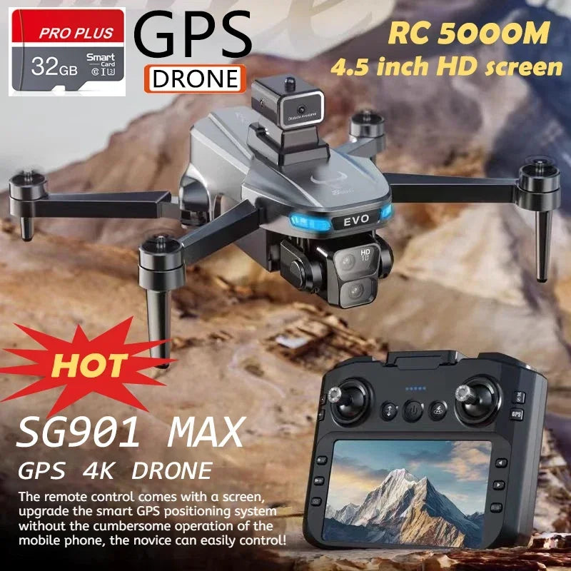 Upgraded SG901 MAX GPS Drone Dual HD Camera Brushless 360° Obstacle Avoidance with 4.5" Screen RC