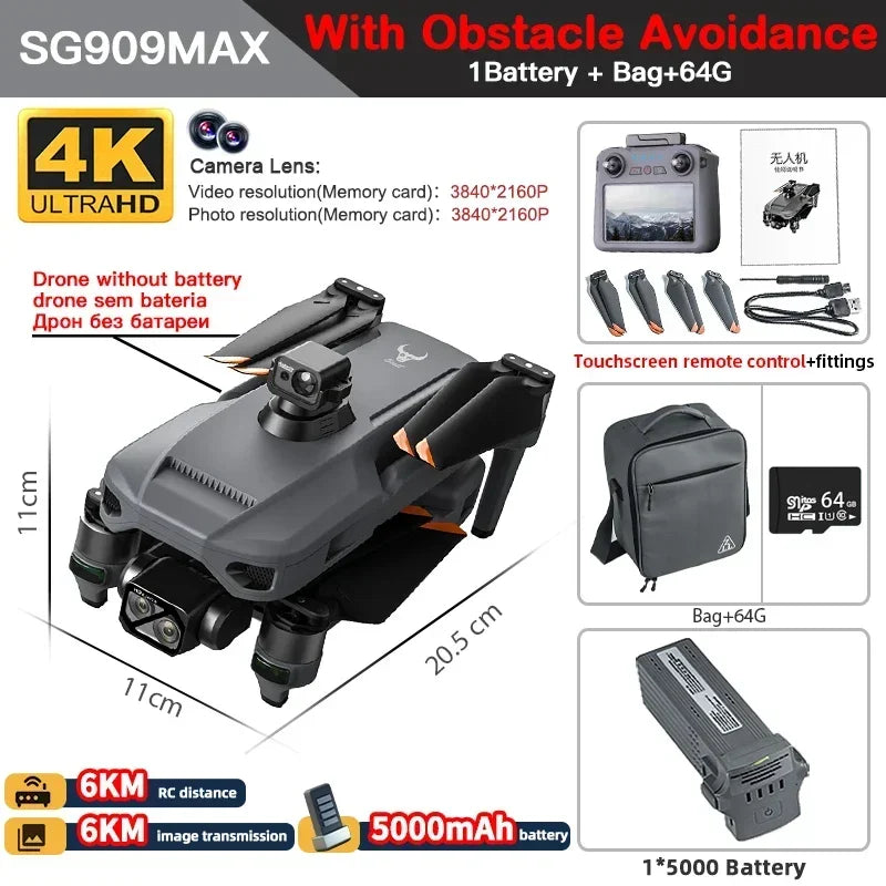 云讯玩具SG909专业无人机，配备4K摄像头、3轴云台、5G信号和触控屏幕的遥控飞行器