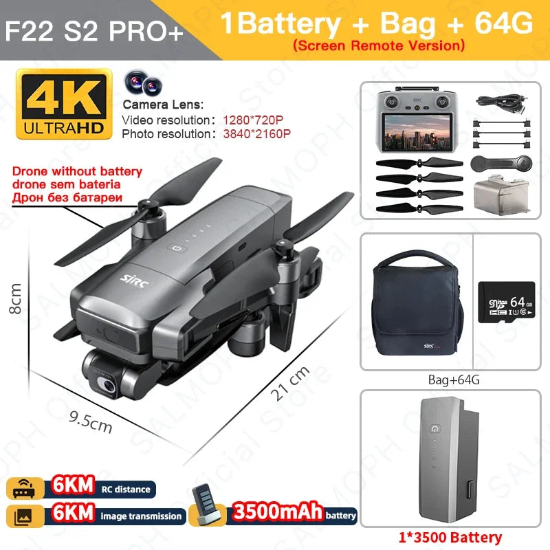 YUNX toys SJRC F22 S2 PRO+ 无人机，配备2轴云台4K摄像头和GPS，飞行6公里，避障，FPV实时监控