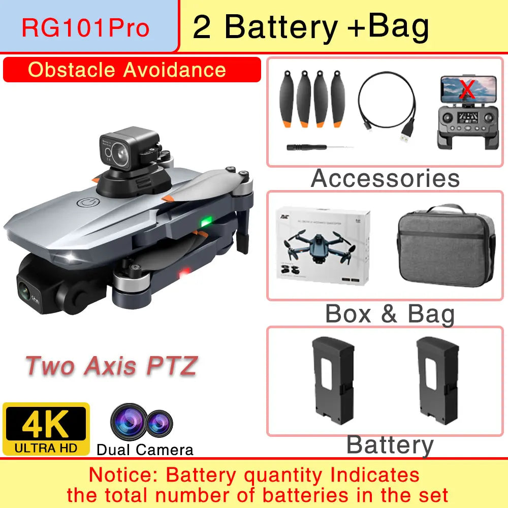 云讯玩具RG101 Pro折叠式无人机，配备双4K摄像头和GPS，支持5G低延迟FPV空中拍摄。