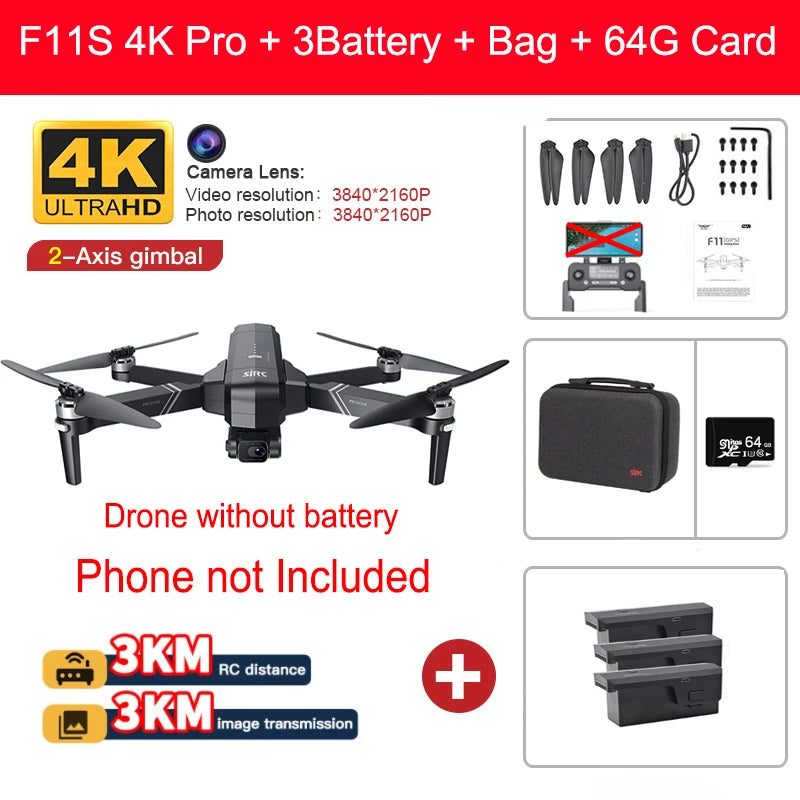 YUNX玩具SJRC F11 Pro 4K无人机，配备GPS 5G FPV高清相机和2轴稳定云台，专业四旋翼无人机飞行镜头
