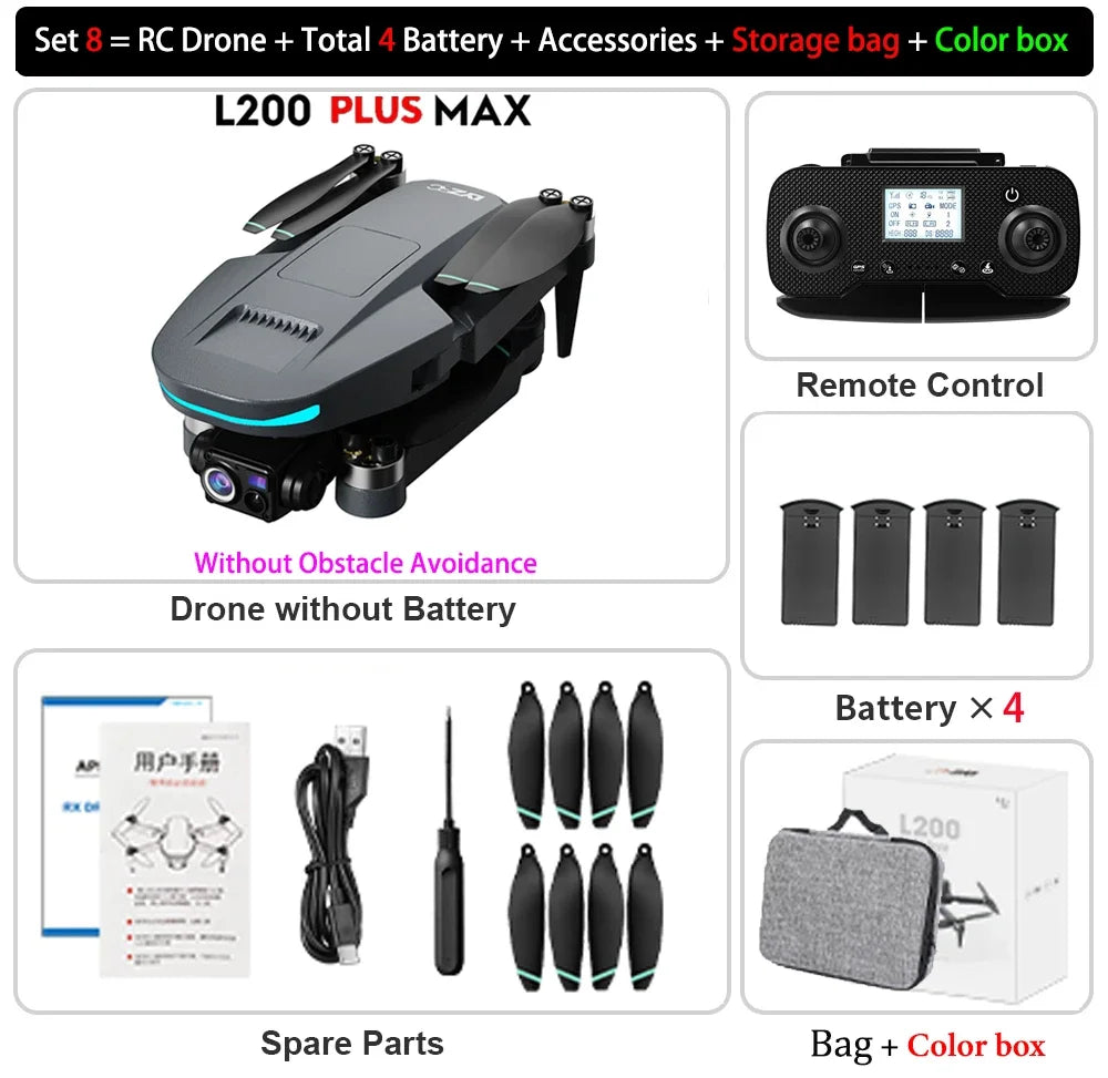 YUNX玩具L200 Plus MAX GPS无人机，配备4K高清相机和3轴云台，具备避障功能和5G WiFi FPV。