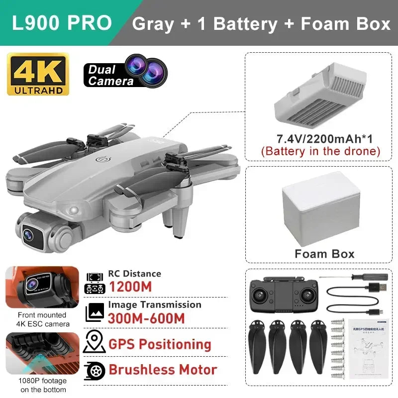 YUNX toys LYZRC L900 Pro GPS无人机，配备4K高清双摄像头，5G无线折叠四旋翼遥控飞行器。