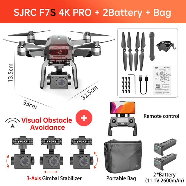 YUNX toys SJRC F7 4K PRO无人机配备GPS、HD摄像头、5G WiFi和三轴云台，折叠设计专业四旋翼无人机