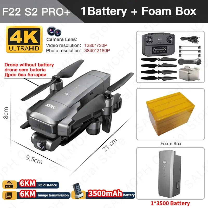 云迅玩具SJRC F22 S2 PRO+ 无人机，配备2轴云台4K摄像头，GPS避障，远程控制飞行。