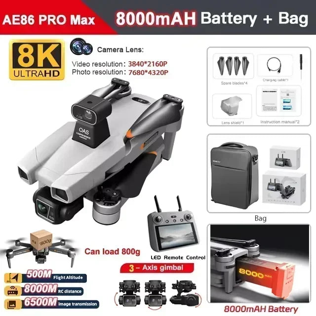 云讯玩具AE86 PRO Max+ 8K专业高清无人机，配备3轴云台、全障碍规避和GPS FPV功能，飞行稳定。