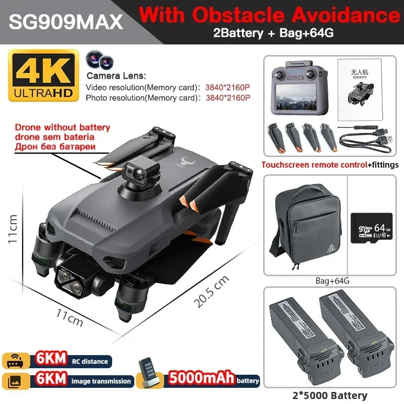 云翼玩具SG909专业无人机，配备4K摄像头、3轴云台、5G遥控和触摸屏，支持360度避障和FPV飞行