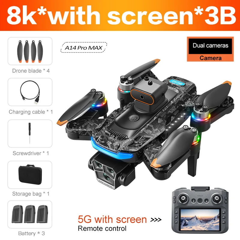 Lenovo  A14 Pro Max Drone 8K HD Camera 4K Quadcopter with Screen 5G WIFI Aerial Photography Obstacle Brushless Remote Control