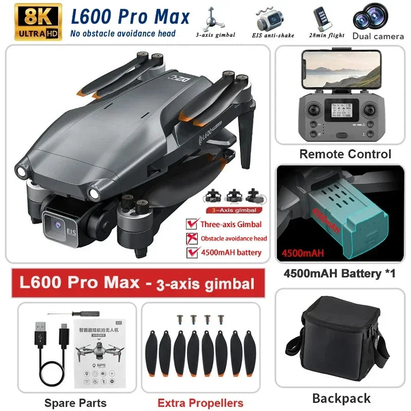 云迅科技L600 PRO MAX/PRO GPS无人机，配备4K高清双摄像头和3轴云台，支持360°避障和长达5公里飞行