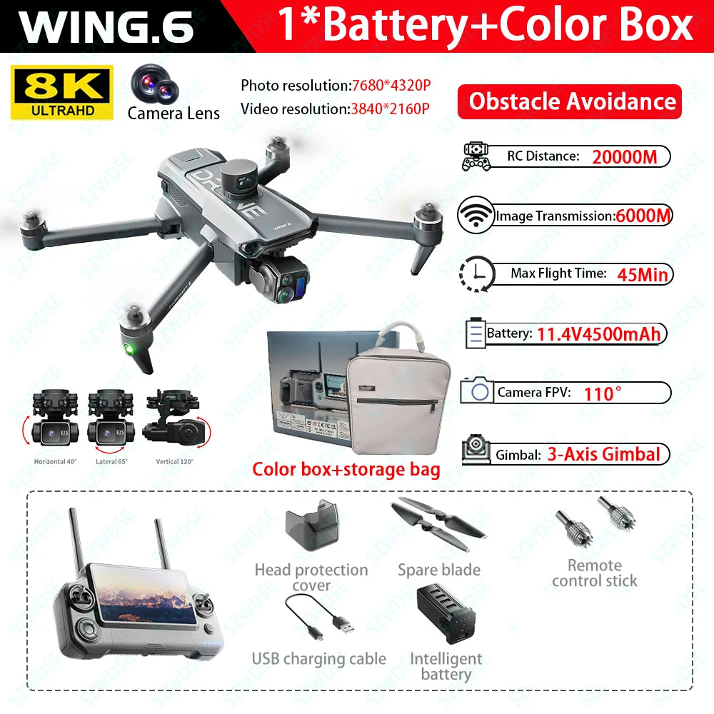 Wing 6 GPS Drone Digital Image Transmission 3-axis Gimbal 8K Professional Aerial Photography With Screen Control Quadcopter Toy