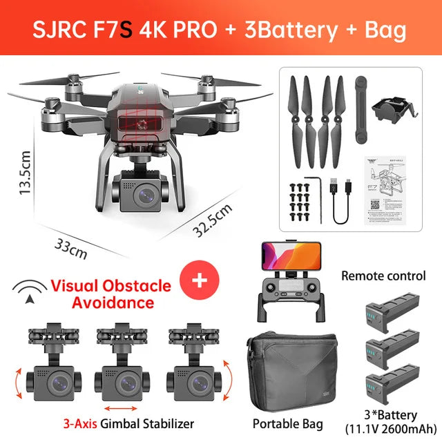 YUNX toys SJRC F7 4K PRO无人机，配备GPS、5G WiFi、3轴云台和高清摄像头，折叠设计便携飞行无人机