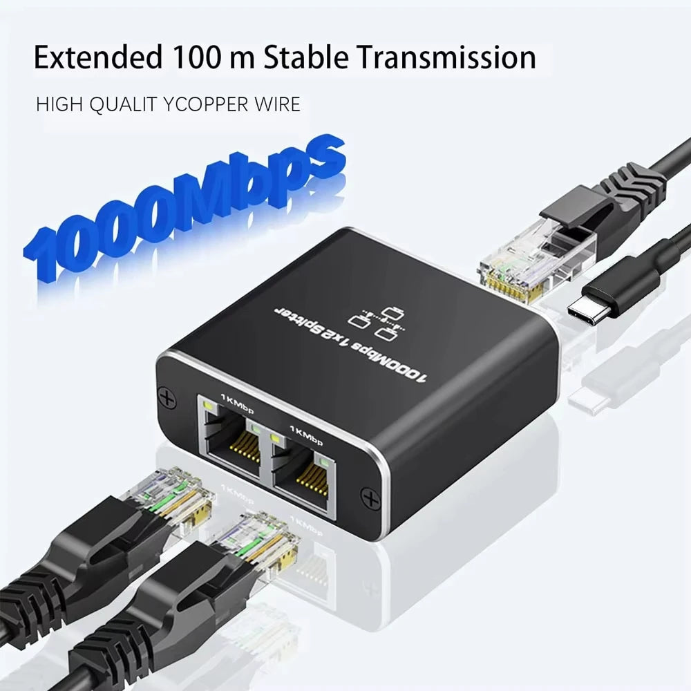 Network Splitter 1000Mbps Hub 1 to 2 RJ45 Adapter Gigabit Converter Internet Ethernet 8P8C Set-Top Extender Plug Extension ﻿