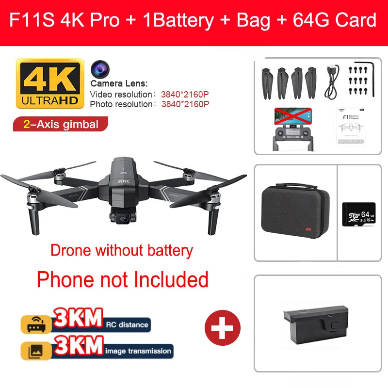 YUNX Toys SJRC F11 Pro 4K摄像无人机，配备GPS 5G FPV高清画质，2轴稳定云台和无刷四旋翼飞行器