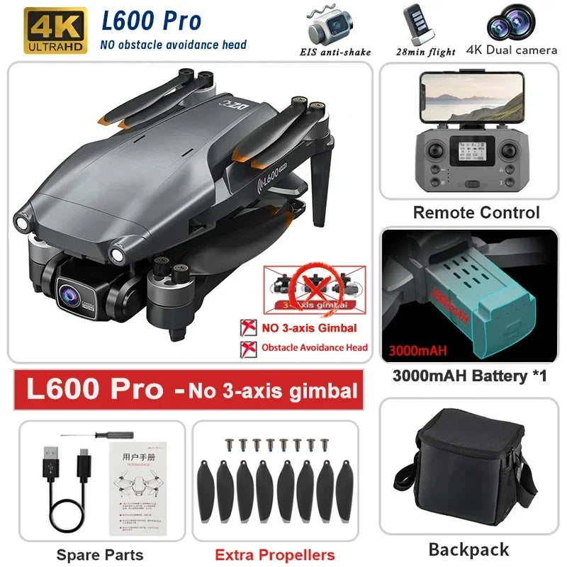云讯新款L600 PRO MAX/PRO GPS无人机，配备4K双摄像头、3轴云台和360度避障，专业高清航拍无人机