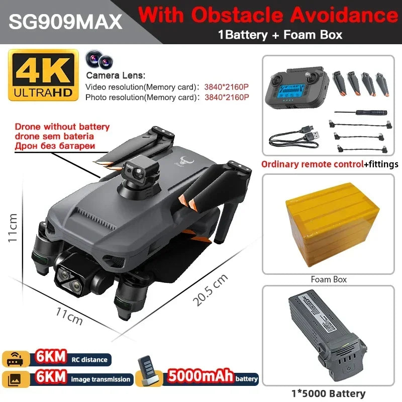 云讯玩具ZLL SG909专业无人机，配备4K摄像头、3轴云台、5G连接和触控屏，支持避障和360度飞行。