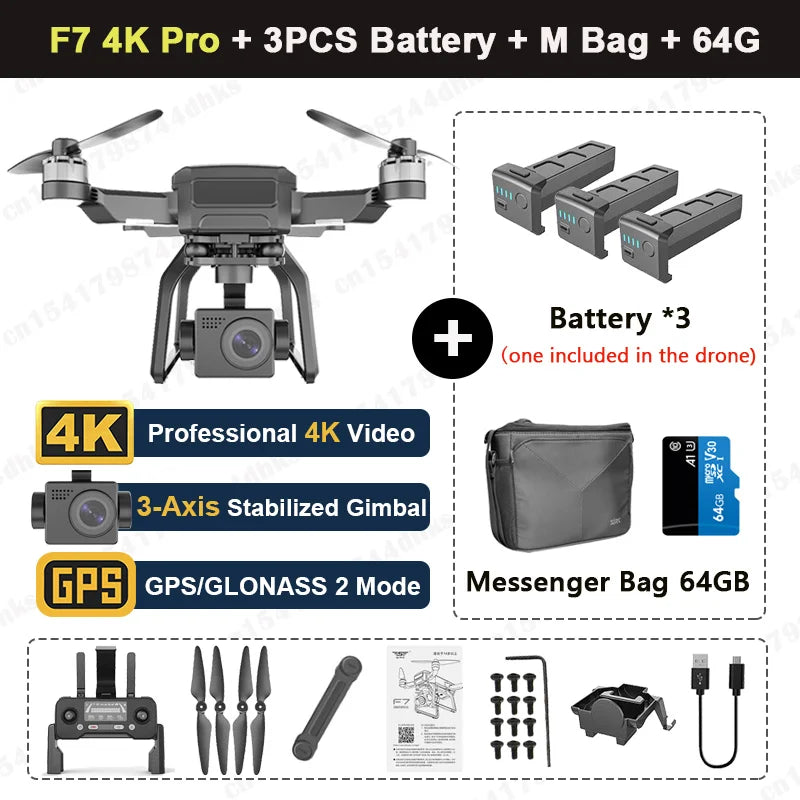 YUNX toys SJRC F7 4K PRO航拍无人机，配备3轴云台、GPS、高清摄像头，折叠设计适合航拍和遥控飞行