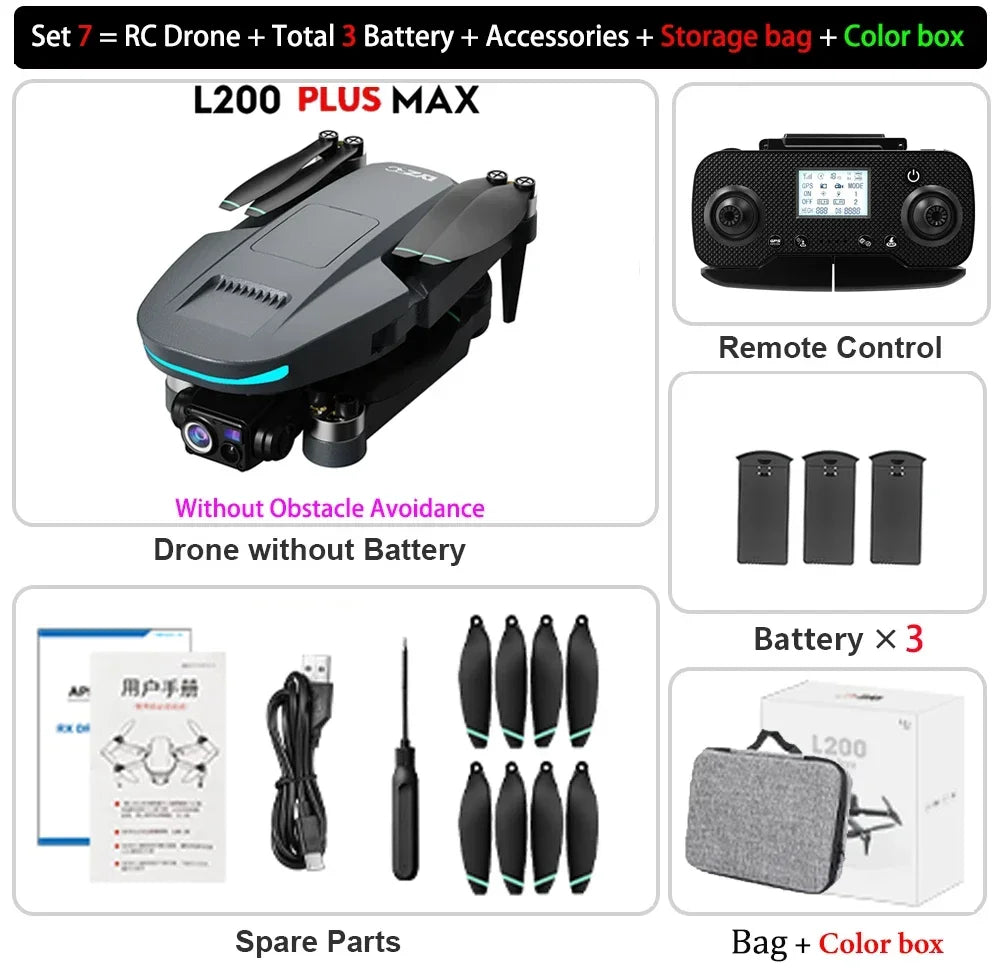 YUNX玩具L200 Plus MAX GPS无人机，配备4K高清相机、3轴云台和360度避障，轻巧249克。