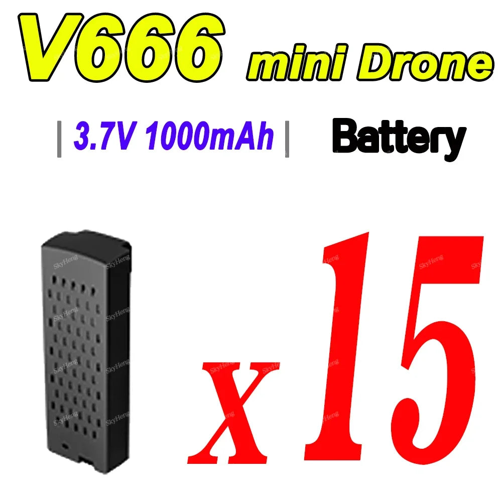YUNX toys 适用于V666 8K无人机的原装3.7V 1000mAh锂聚合物飞行电池备用配件，显示电池外观和连接端口
