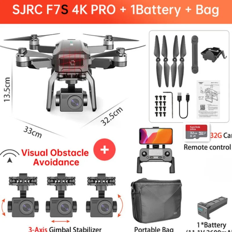 YUNX toys SJRC F7 4K PRO无人机，配备高清相机、GPS、5G WiFi和3轴云台，折叠设计便携飞行器