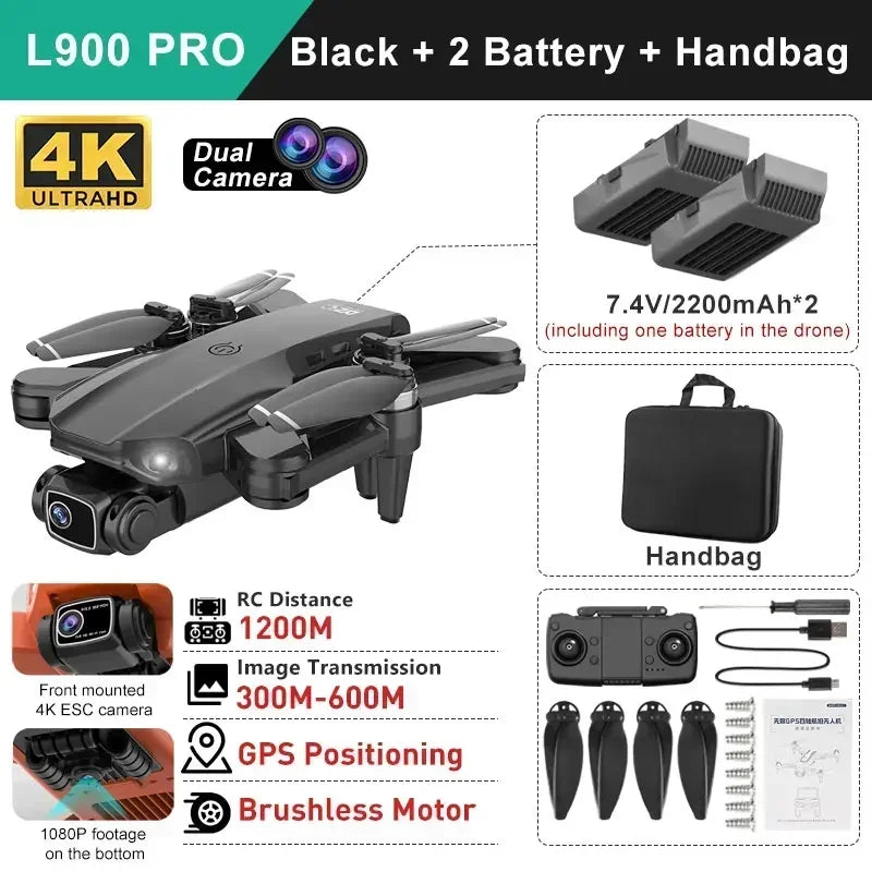 YUNX toys LYZRC L900 Pro GPS无人机，配备4K高清双摄像头和5G WiFi，折叠式四旋翼遥控飞行器